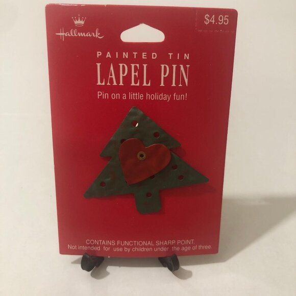 Hallmark Jewelry - Vintage Hallmark Pained Tin Red Heart Christmas Tree Lapel Pin Brooch Rustic